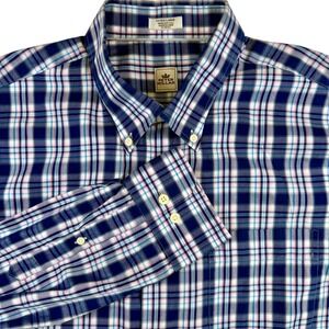 Peter Millar Plaid Button Down Shirt XL Blue Pink Preppy Golf Casual Sport Shirt